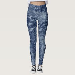 Legging Denim material em um padrão de bolso de retalhos.