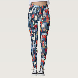 Legging Denim Patchwork Xadrez Árvores de Natal & Reindeer