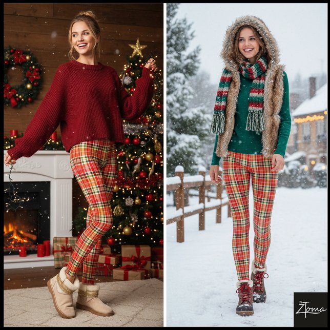 Legging Dense Orange Red Festive Tartan Plaid (Criador carregado)