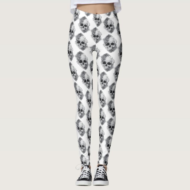 Legging Desenho de Caveira e Rosas (Frente)