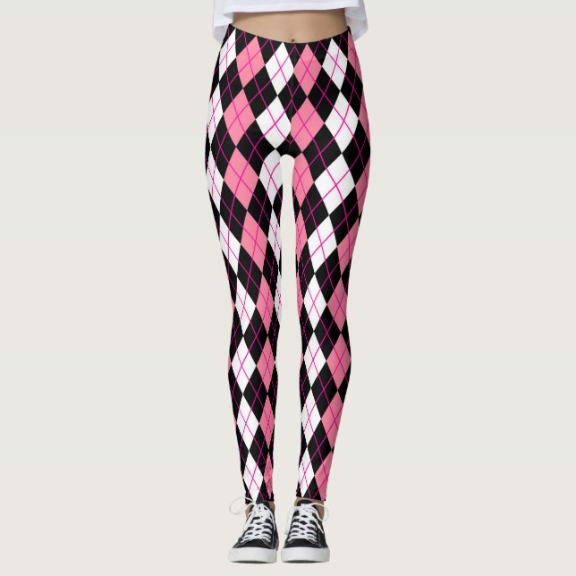 Legging Desenho de diamante argyle rosa preto e branco (Frente)