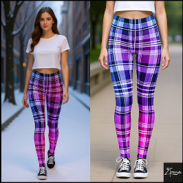 Legging Desenho de Gradiente Xadrez Azul Elétrico Rosa