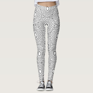 Legging Desenho de Mandala Abstrata Seamless Preto e Branc
