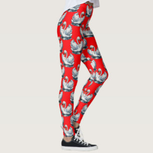 Legging Desenho de padrão de aves cisne em vermelho