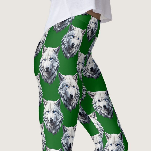 Legging Desenho de padrão de cabeça de lobo branco verde (Criador carregado)