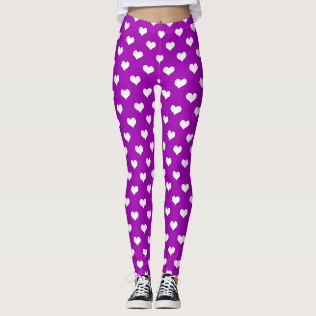 Legging Desenho de padrão de coração de amor branco roxo  (Frente)