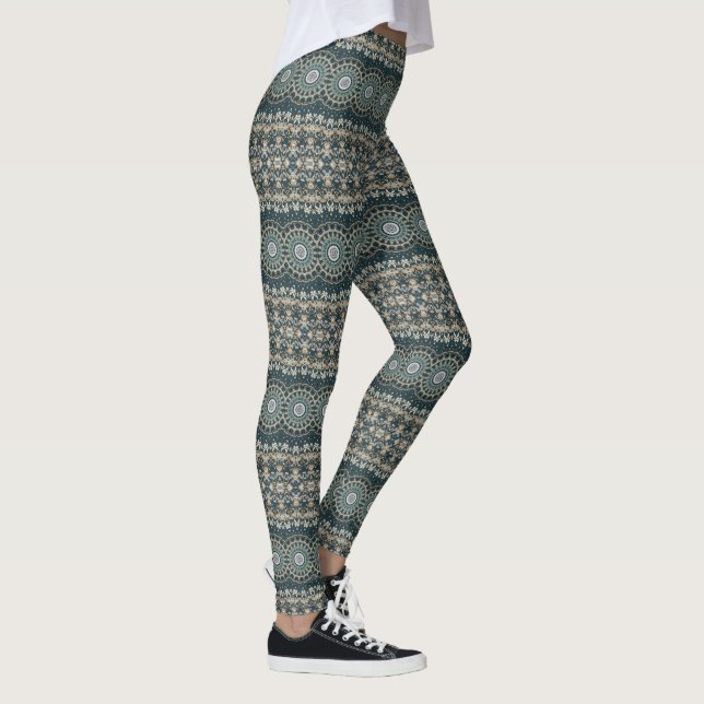 Legging Desenho de Padrão de Mandala em Turquesa e Bege (Direita)