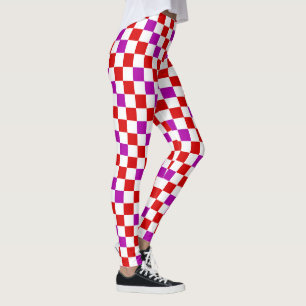 Legging Desenho de padrão xadrez vermelho branco roxo