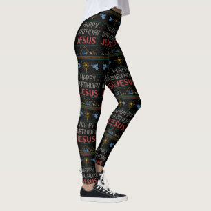 Legging Desenho de Suéter de Natal Feio Feliz Aniversário