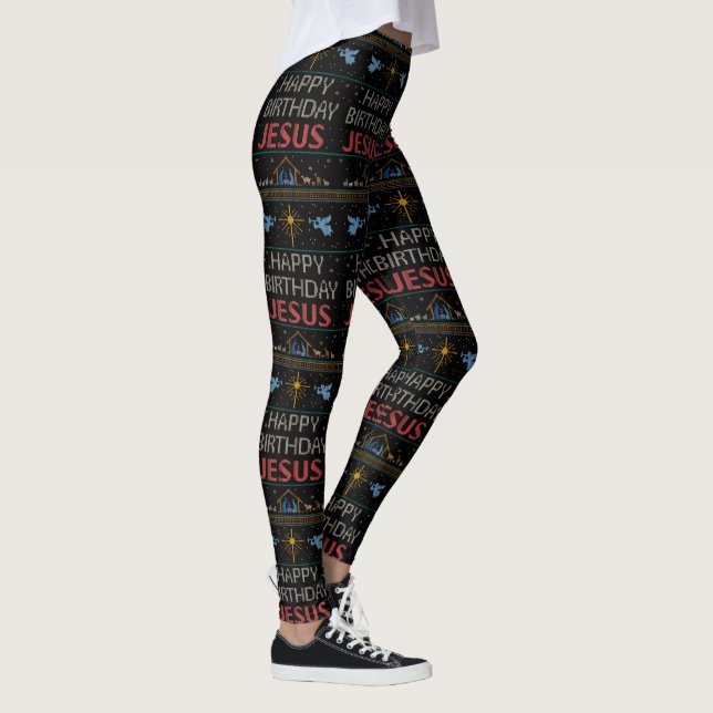 Legging Desenho de Suéter de Natal Feio Feliz Aniversário  (Direita)