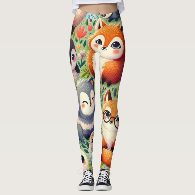 Legging desenho engraçado de rabisco, padrão animal, diver (Frente)