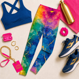 Legging Desenho Vibrante de Aquarela Azul Dourado