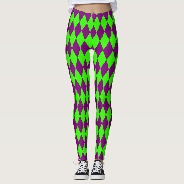 Legging Desenho Xadrez Arlequim Verde Roxo (Frente)