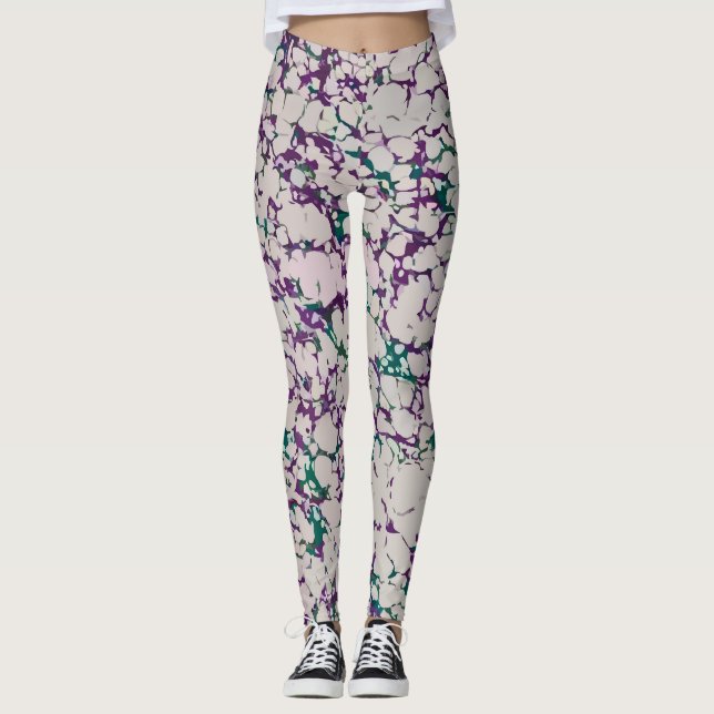 Legging Design abstrato de pintura estalada roxa e verde (Frente)