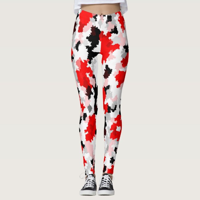 Legging Design abstrato do Camo Branco Preto Vermelho (Frente)