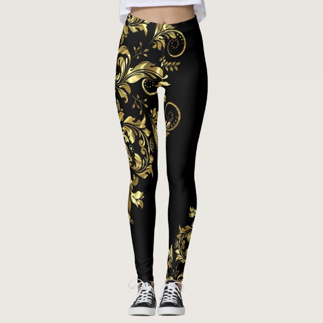 Legging Design assimétrico do local floral Dourado preto e (Frente)