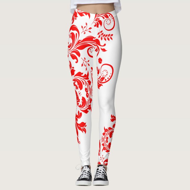 Legging Design assimétrico do local floral vermelho e bran (Frente)