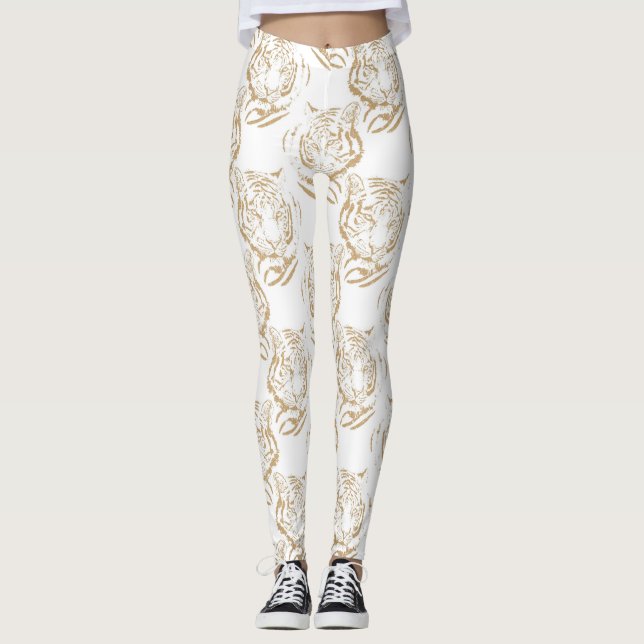 Legging Design branco Elegante Glitter Tiger Dourado Impre (Frente)