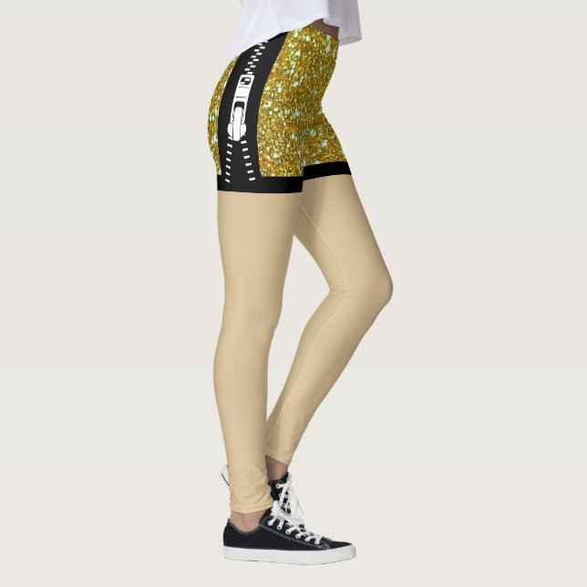 Legging Design Chic com Glitter Sparkle de ouro Zipper Exc (Direita)