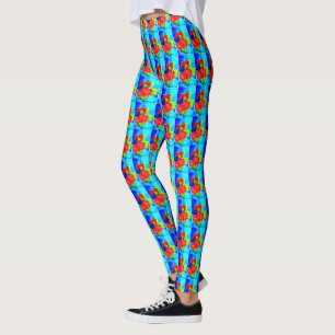 Legging Design de arte flores vermelhas e azuis brilhantes