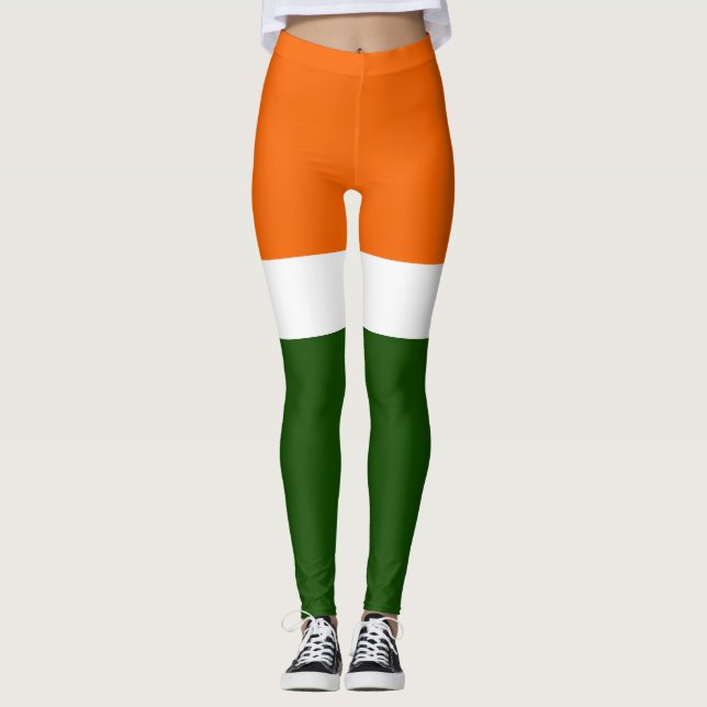 Legging Design de Bloco de Cor Verde Branco Laranja (Frente)