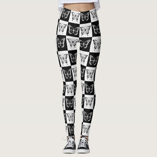 Legging Design de borboleta branca-preta com controlo (Frente)