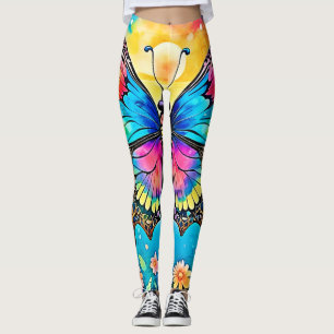 Legging Design de Brilho de Borboleta Floral Vibrante