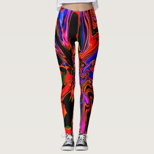 Legging Design de Flor Preto Psicodélico Azul Laranja Escu