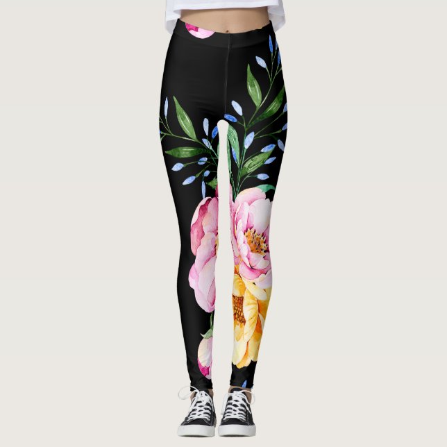 Legging Design de Flores e Folhas a Preto (Frente)