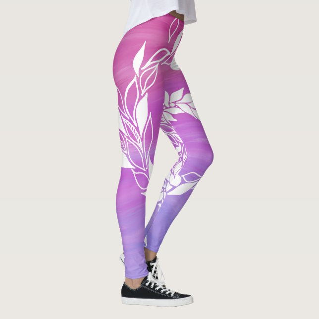 Legging design de folha abstrato sobre fundo rosa (Direita)