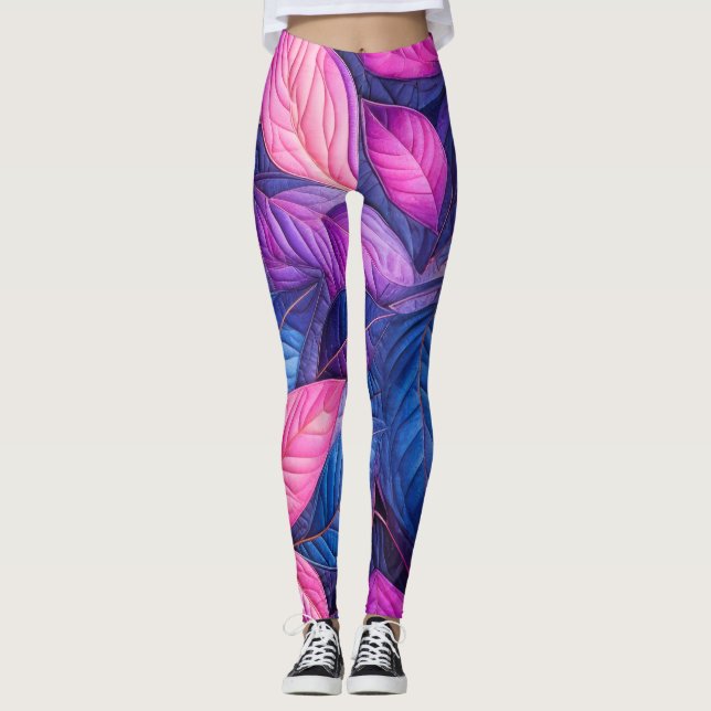 Legging Design de Folhas Cor-de-Rosa Púrpura Inclinadas (Frente)