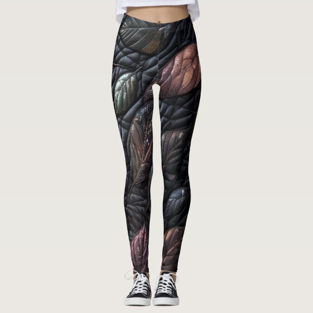 Legging Design de Folhas Iridescentes Inclinadas (Frente)
