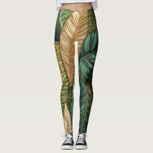 Legging Design de Folhas Tropicais Verdes Douradas Inclina