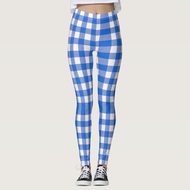 Legging Design de Gingham Branco Azul bonito (Frente)
