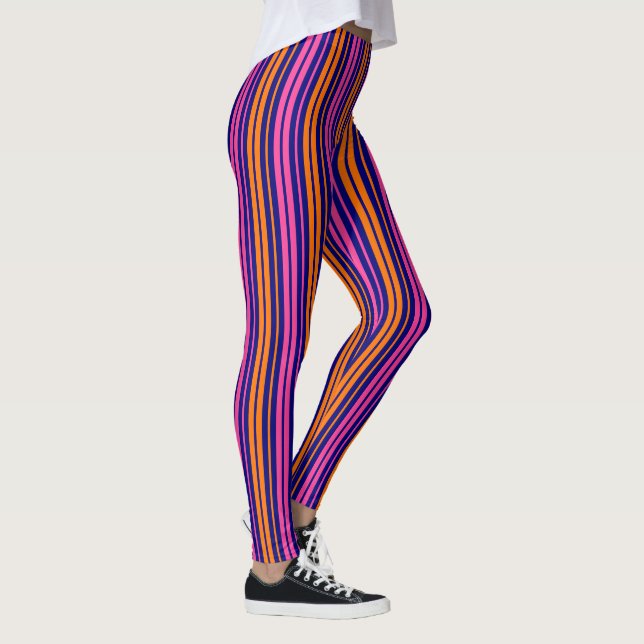 Legging Design de Listras Verticais Laranja Azul Rosa   (Direita)