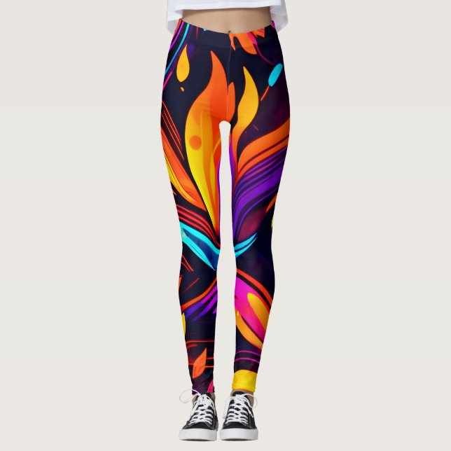 Legging Design de Neon Fire com Ícones de Fiery (Frente)