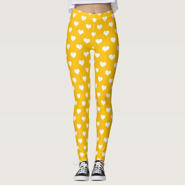 Legging Design de Padrão Coração de Amor Branco Amarelo (Frente)