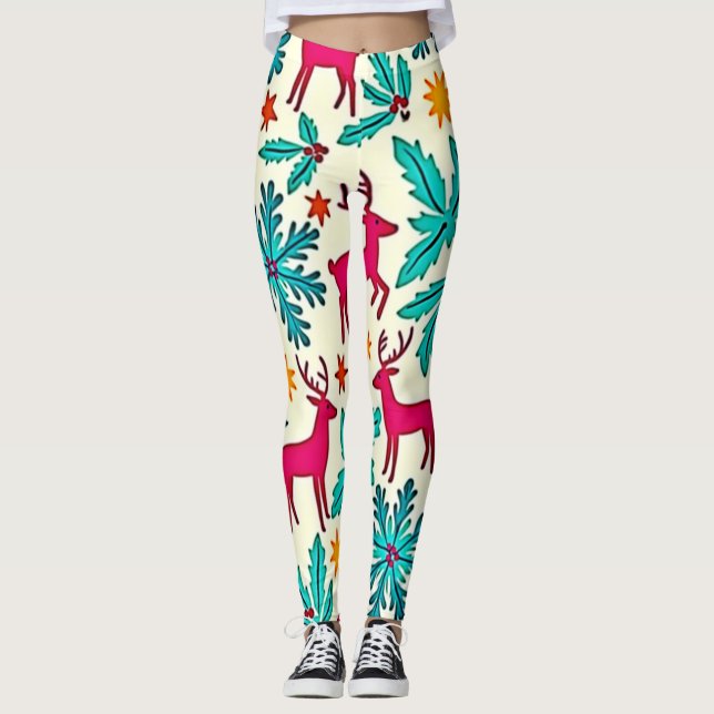 Legging Design de padrão de árvore azul-petróleo com renas (Frente)