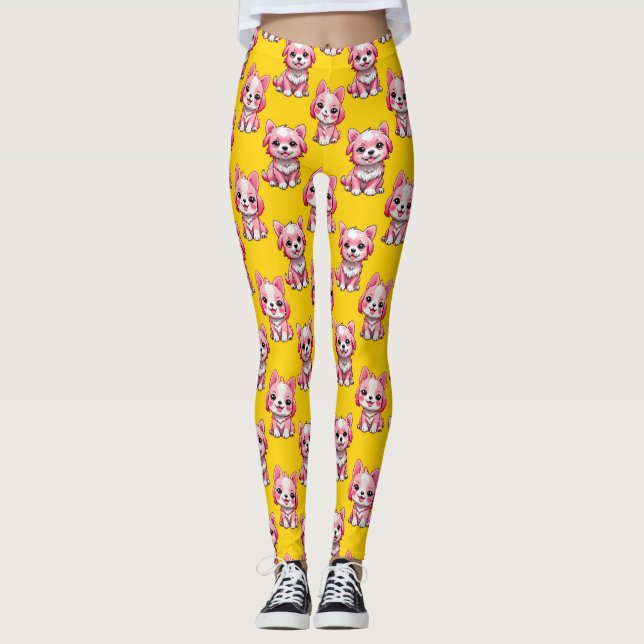 Legging Design de Padrão de Cachorro Rosa - Amarelo (Frente)