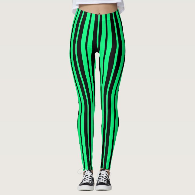 Legging Design de Padrão de Faixa Vertical Preta Verde (Frente)