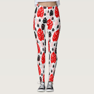 Legging Design de Padrão de Ilustração de Folha Preta Verm