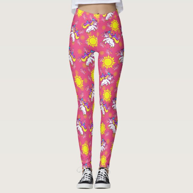 Legging Design de Padrão de Unicórnio Sunny Rosa Bonito (Frente)