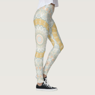 Legging Design de Padrão Mandala Dourado Bege e Azul