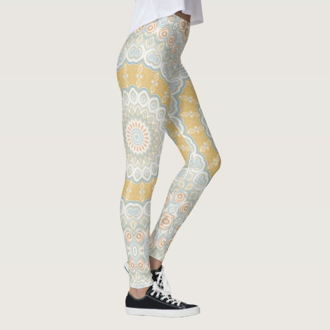 Legging Design de Padrão Mandala Dourado Bege e Azul (Direita)