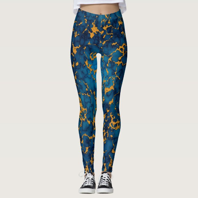 Legging Design de Textura Azul e Dourada de Mármore (Frente)