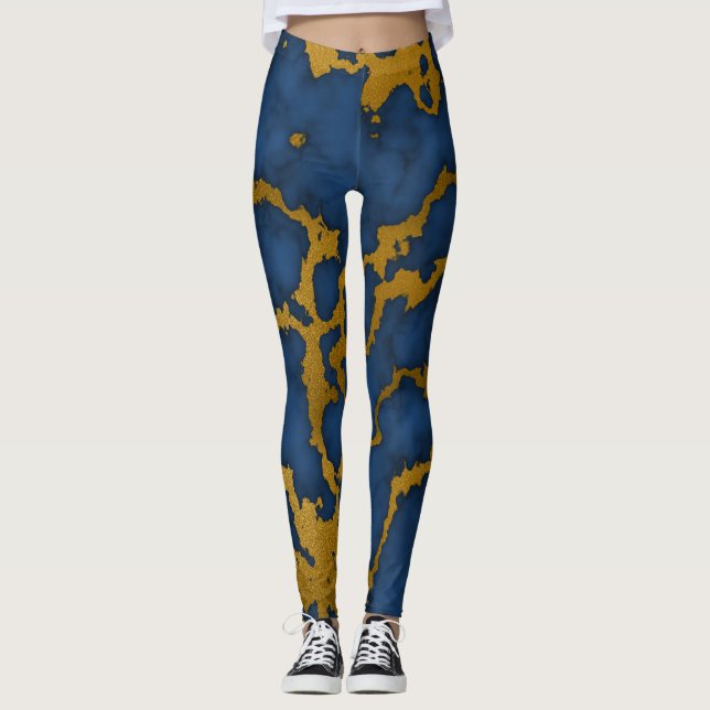 Legging Design de Textura Azul Real e Dourada do Mármaco (Frente)