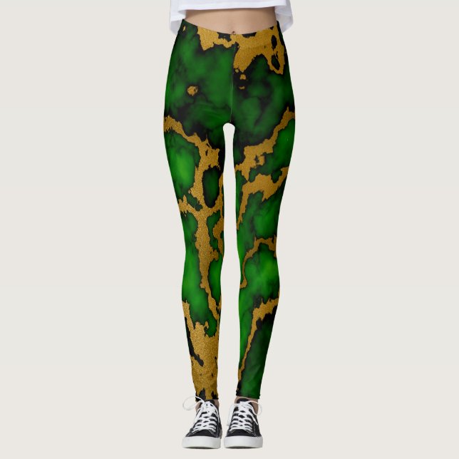 Legging Design de Textura de Mármore Verde e Dourada da Fl (Frente)