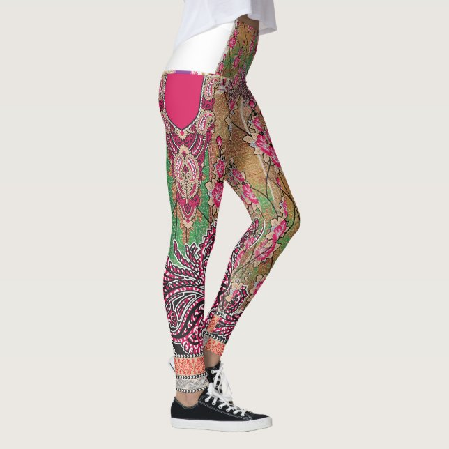 Legging design de um padrão paisley rosa e castanho (Direita)