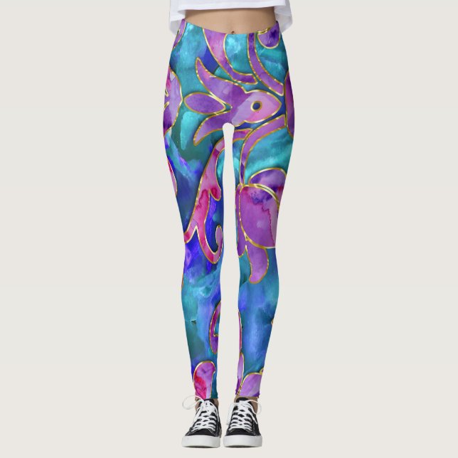 Legging Design do Damasco para Aquarelas Cor Azul-Púrpura (Frente)