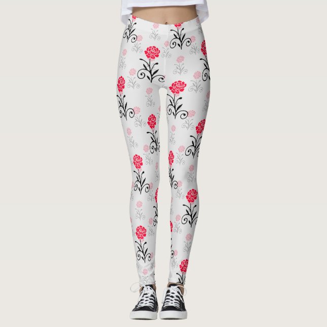Legging Design do Padrão do Pilha do Flor da rosa vermelha (Frente)